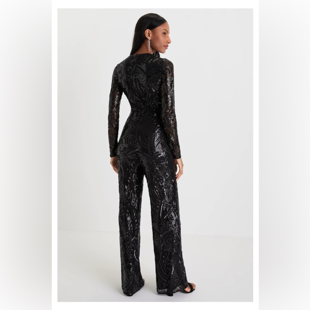Glamorous Black Sequin Jumpsuit with Long Sleeves and Plunging Neckline - Picture 3 of 4